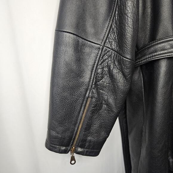 Vtg 90s Tannery West Black Leather Jacket Mens Large Belted Coat Faux Fur Trim - Picture 12 of 14